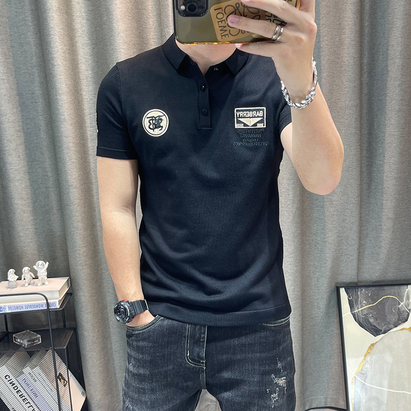 短袖polo针织衫男修身印花翻领衣服男士弹力紧身百搭有领男装上衣