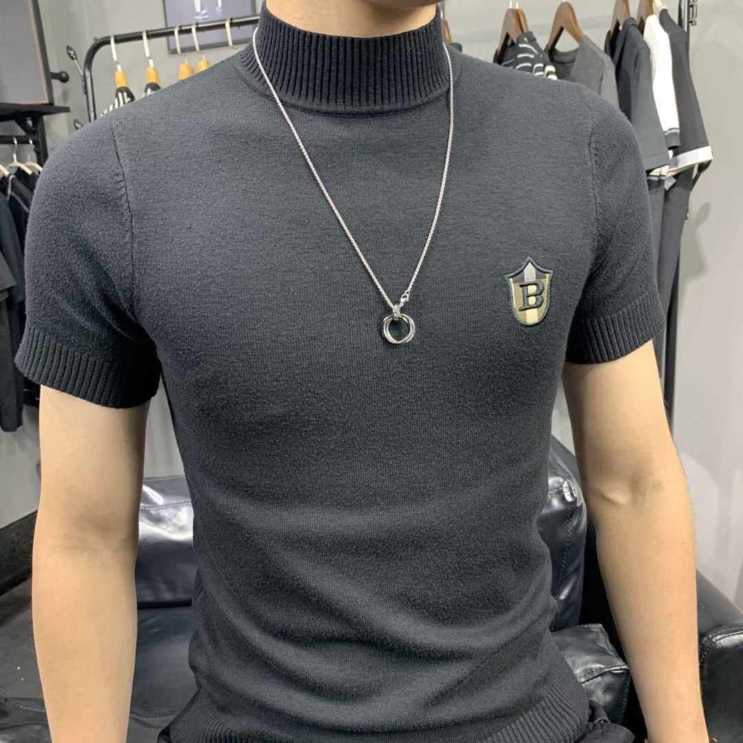 半高领短袖毛衣男秋冬新款加厚针织打底衫男士圆领半袖包芯纱T恤