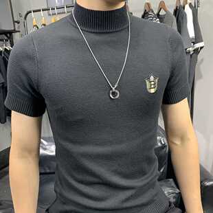 半高领短袖毛衣男秋冬新款加厚针织打底衫男士圆领半袖包芯纱T恤