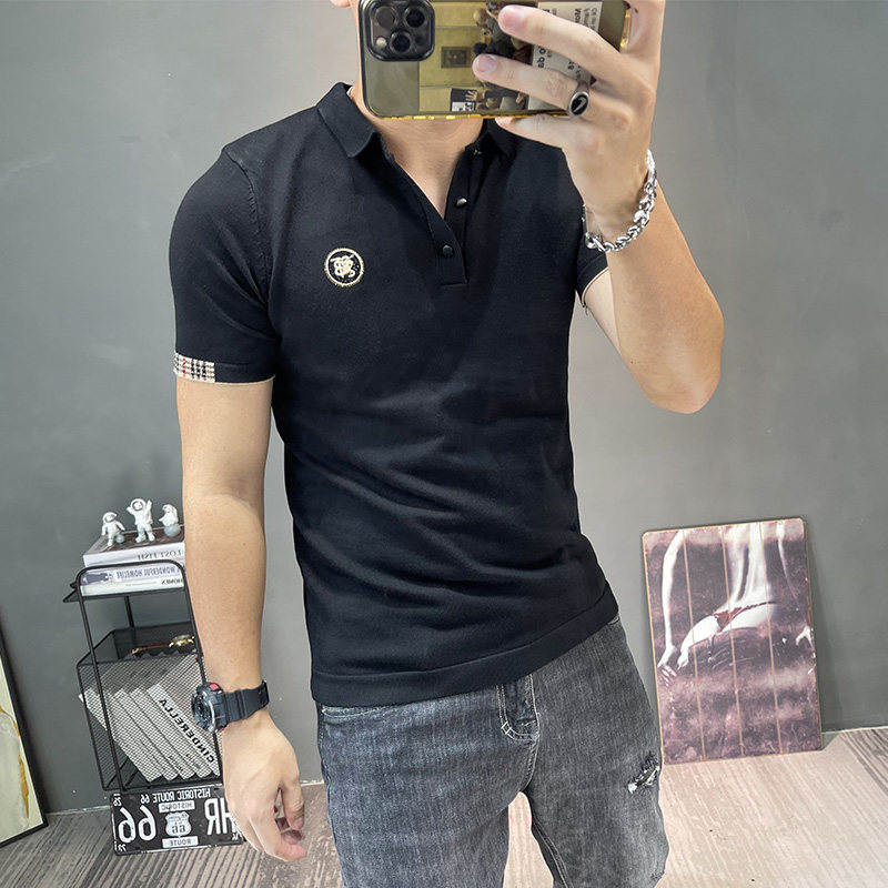 短袖polo针织衫春秋新款翻领上衣半截袖弹力紧身毛衫半袖毛线衣潮