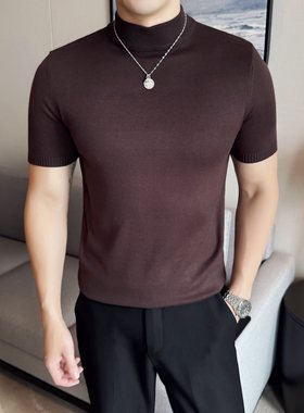 半高领短袖毛衣男秋冬加厚保暖商务针织衫潮流修身中领毛线打底衫