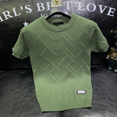 2023秋冬季轻奢时尚新款短袖毛衣男士打底百搭针织衫纯色提花镂空