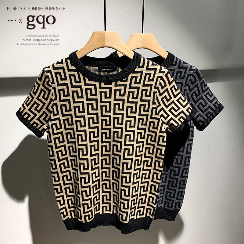 GQ高级感时尚条纹短袖针织衫男士潮牌高端休闲修身秋季新款毛衣