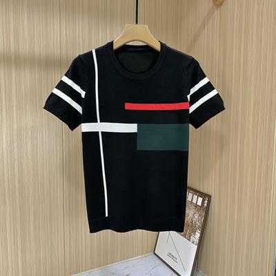 针织短袖T恤男士圆领夏季针织半袖薄款修身上衣撞色提花体恤