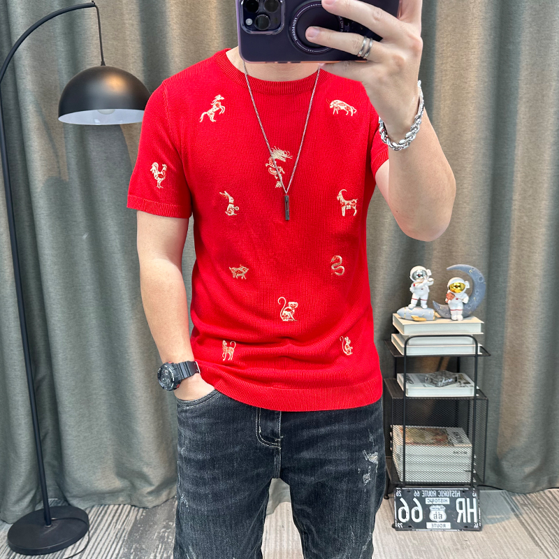 本命年龙年衣服红色短袖毛衣秋冬半截袖打底衫半袖针织衫内搭上衣