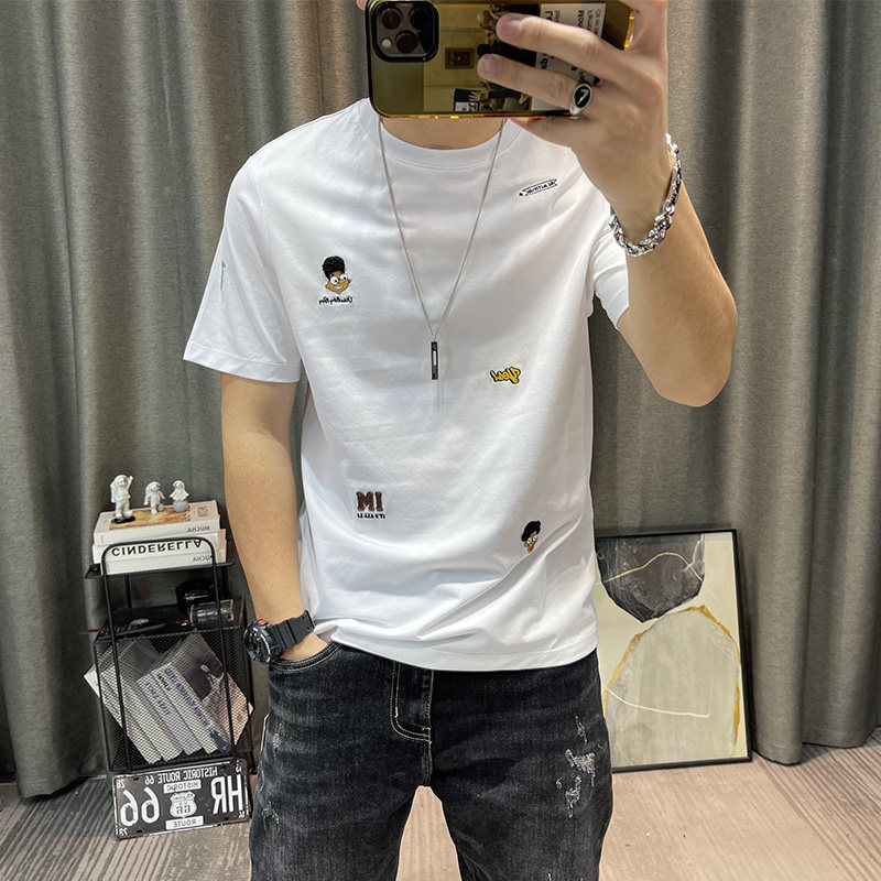 卡通刺绣t恤衫男2023夏季新款半袖上衣个性圆领修身百搭t体恤衫潮