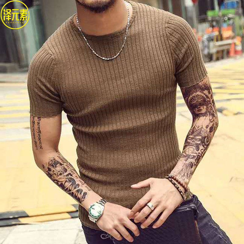 2023秋冬季新款圆领男装螺纹纯色半袖针织衫男款修身短袖毛衣线衫