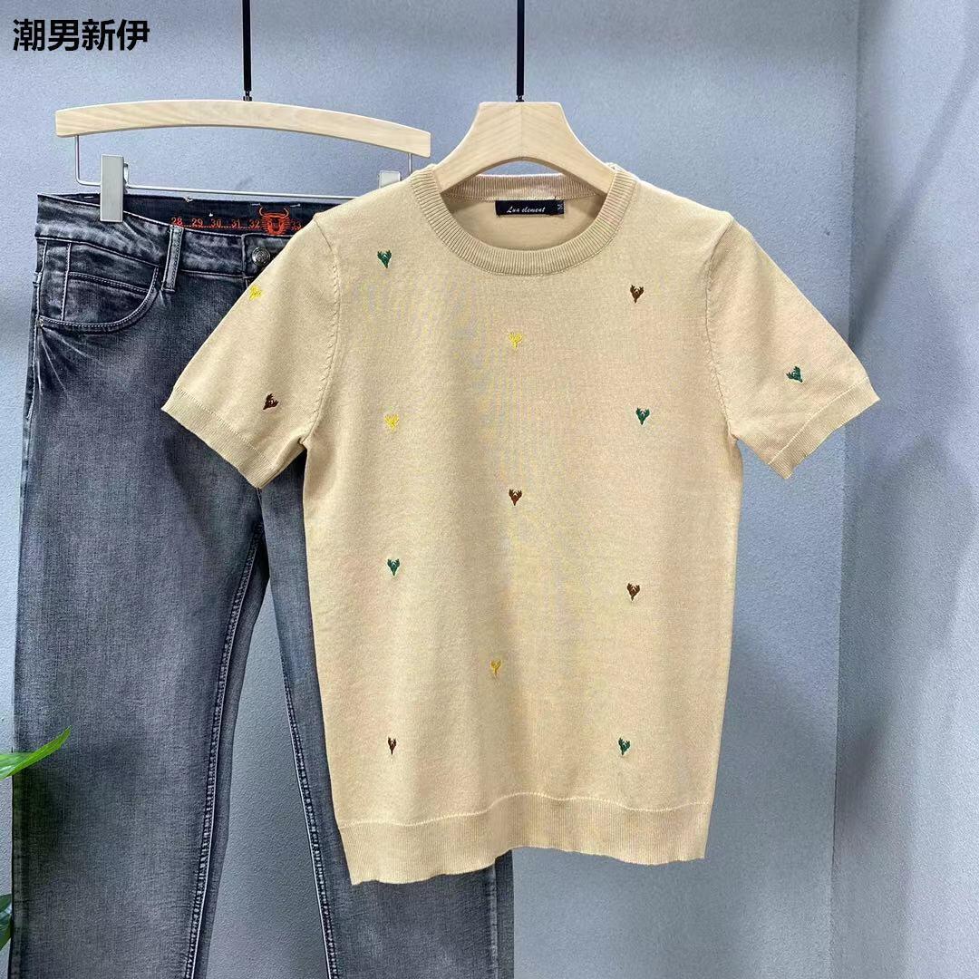 秋冬毛衣男短袖洋气新品圆领修身针织衫男青年韩版潮流刺绣打底衫