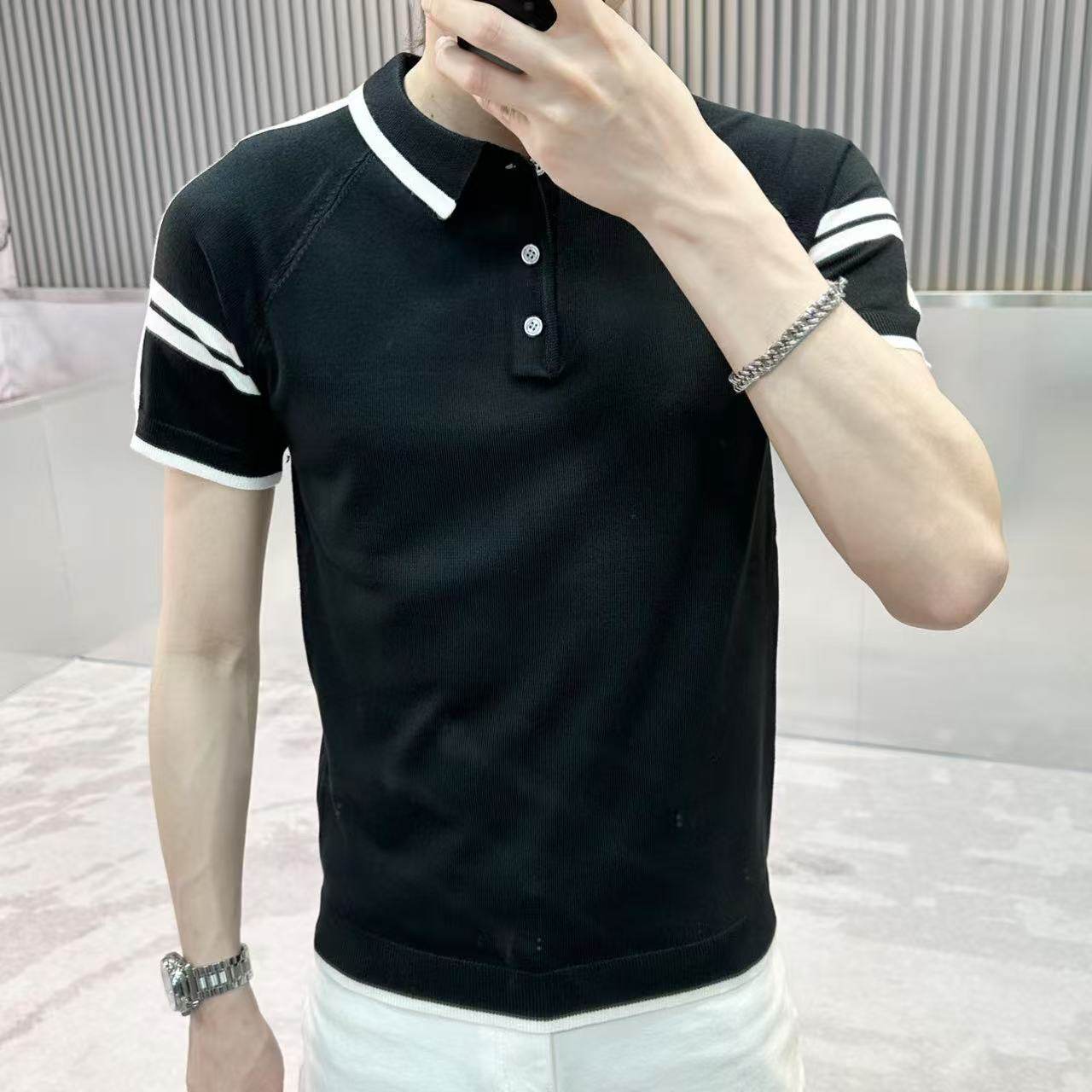 拼色条纹翻领半袖针织POLO衫男夏季新款时尚百搭短袖毛衣痞帅