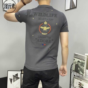 欧洲站潮牌刺绣短袖毛衣男秋冬新款时尚大码青年翻领半袖针织衫帅