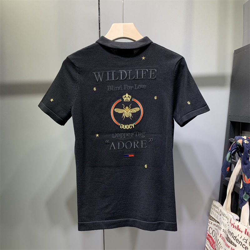 男士绣花翻领针织POLO衫秋装上衣加厚半截袖韩版紧身短袖毛衣半袖