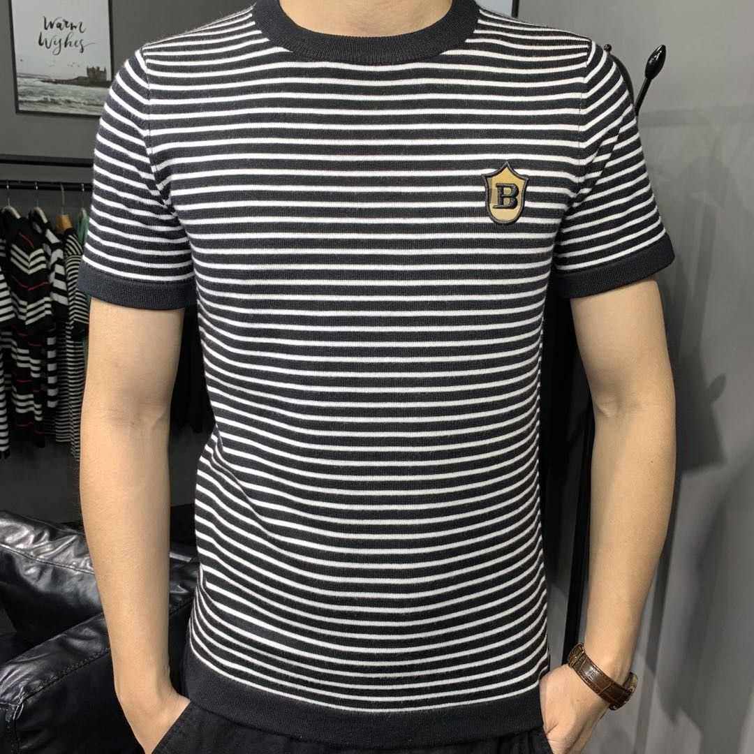 半袖针织毛衣男条纹刺绣短袖毛线衫大码男装早春季半袖打底针织衫