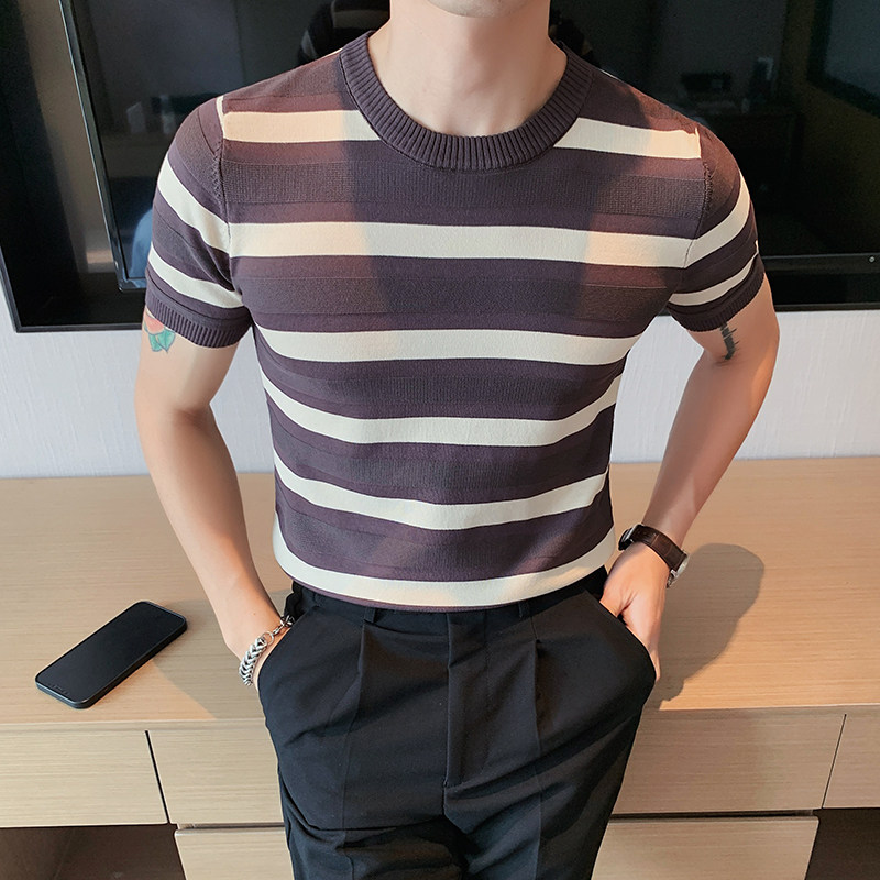 针织短袖男t恤潮流夏季薄款冰丝体恤衫2025年新款条纹半截袖上衣