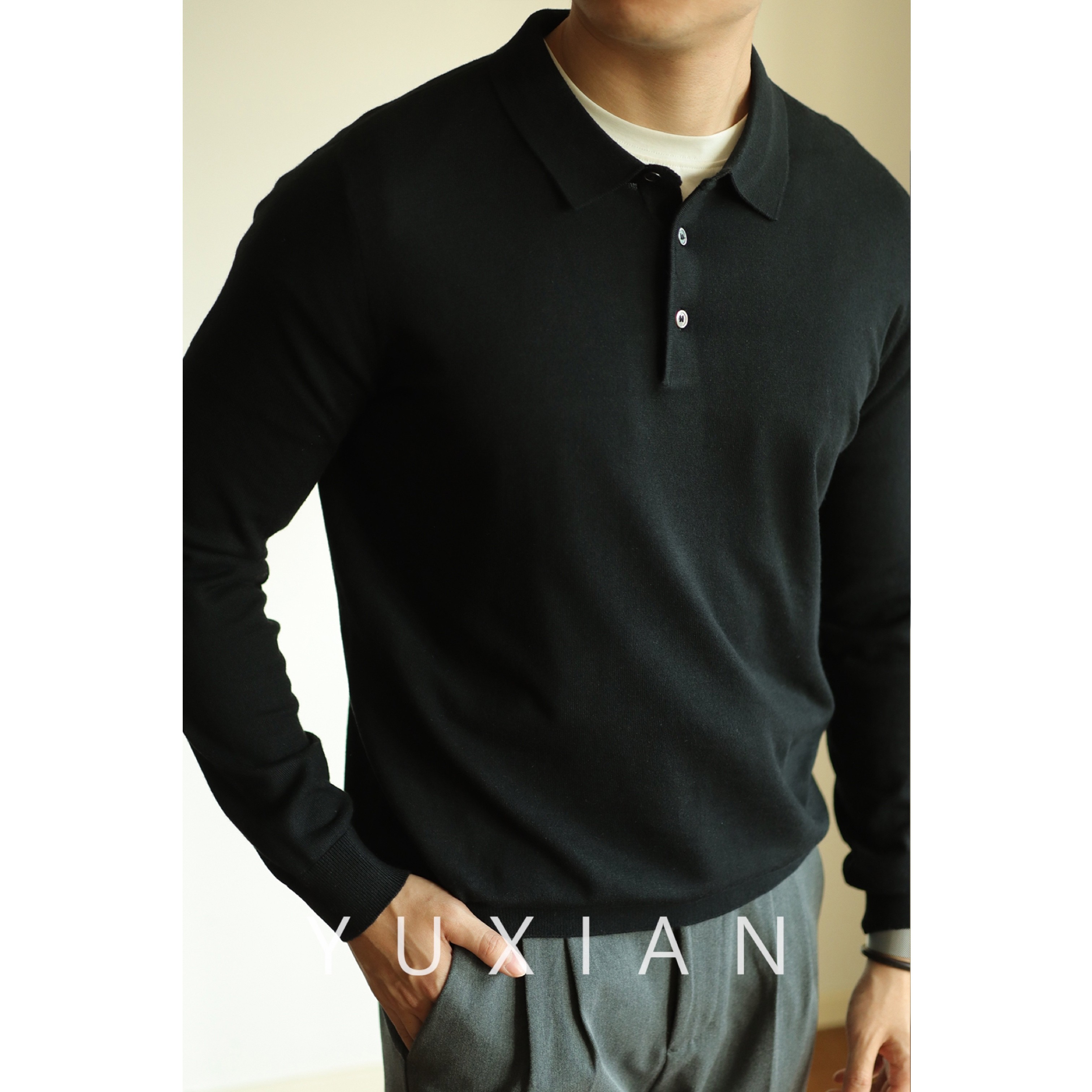 2025春秋针织毛衣POLO衫长袖打底翻领美式复古纯色商务休闲有型