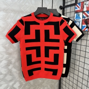 冬装新年款加厚短袖毛衣男针织衫红色提花毛衫圆领打底衫修身男