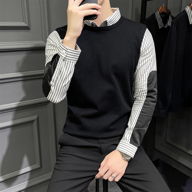 痞帅假两件毛衣男衬衫领休闲条纹针织韩版修身拼接男士毛线打底衫