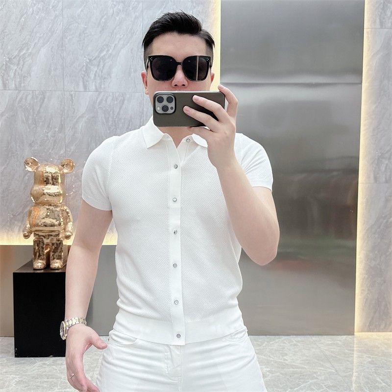 夏季翻领短袖t恤男士菠萝纹针织半袖polo衫高品质潮流男装假开衫