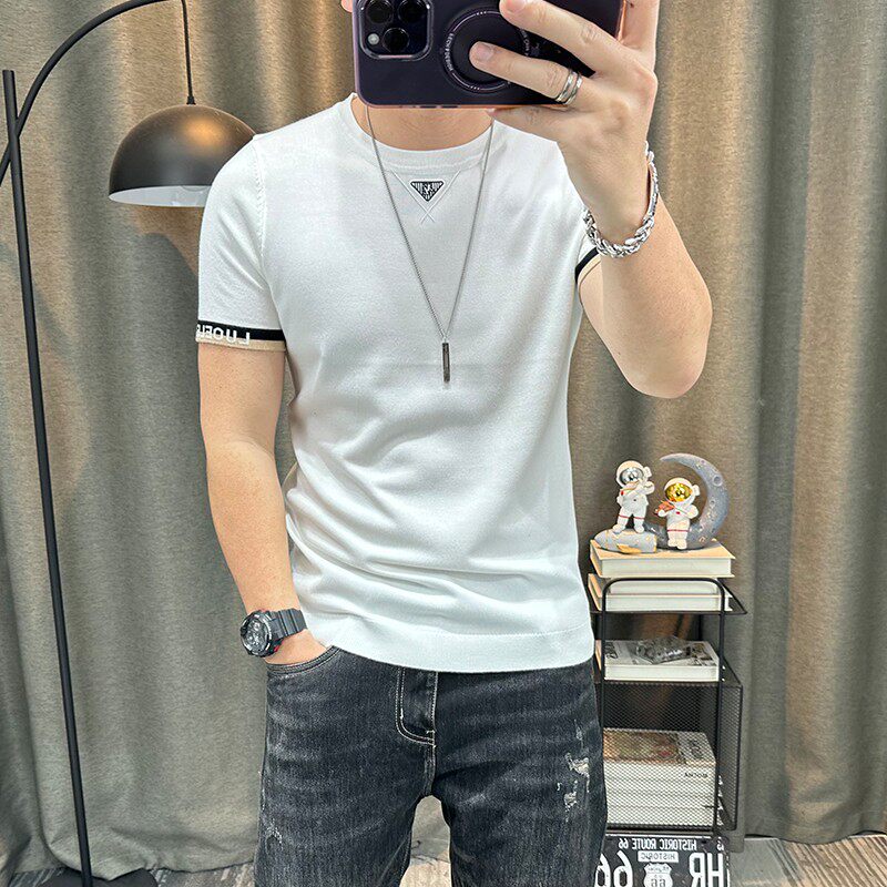 男士半袖夏季新款针织半袖修身紧身短袖毛衣圆领休闲内搭上衣