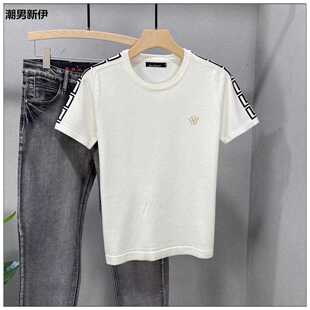 2022短袖线衣男圆领修身潮流刺绣字母男士半袖毛衣白色针织厚T恤