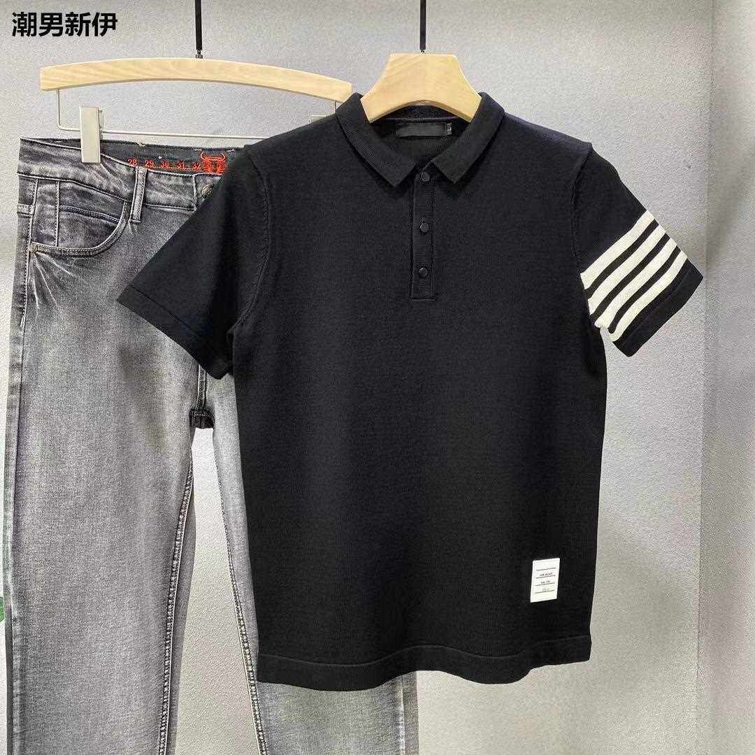 男士简单针织POLO衫秋季衣服上衣修身韩版短袖毛衣潮流加厚半截袖