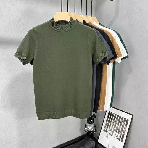 男士半高领针织短袖韩版修身纯色半袖T恤潮男紧身中领打底衫线衫