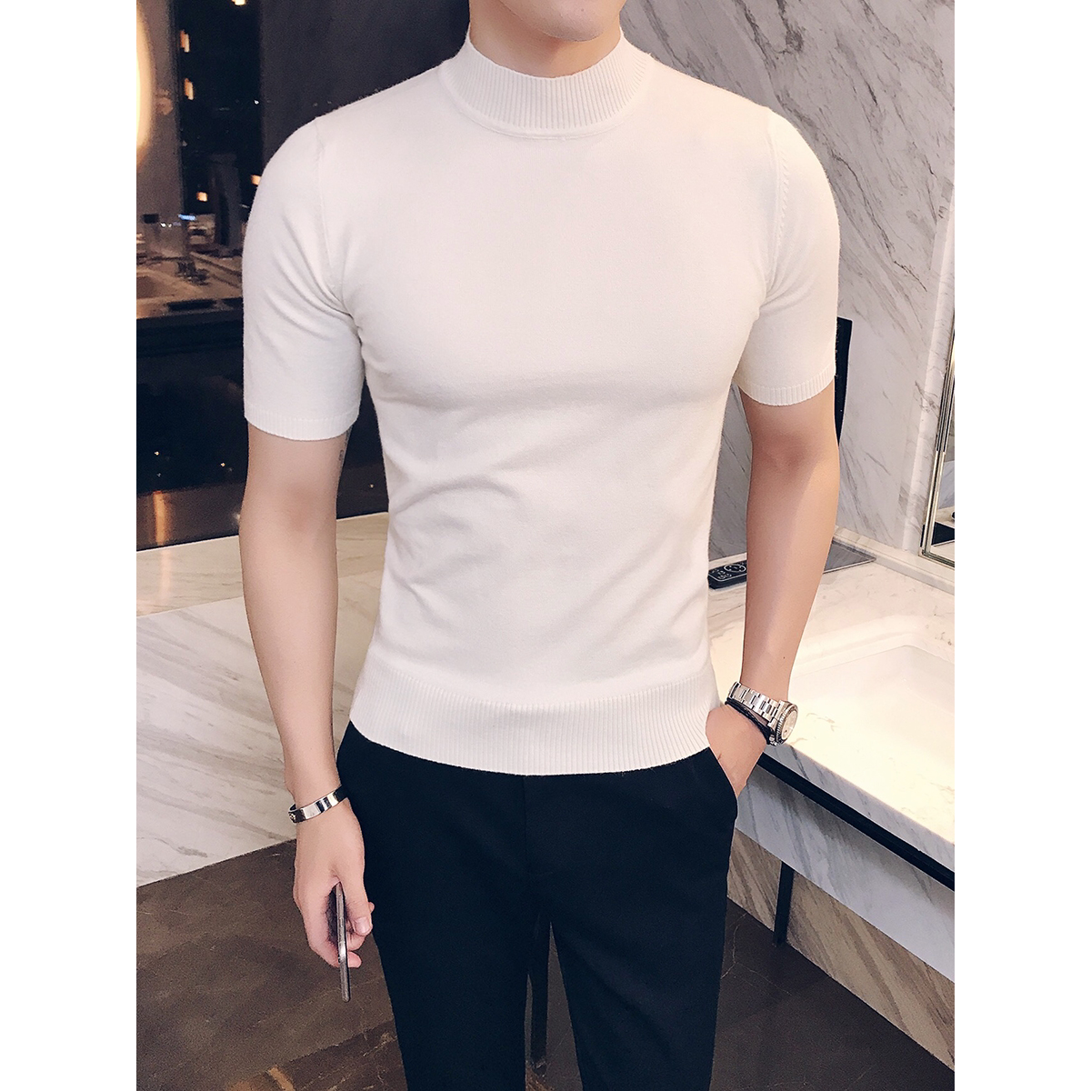 男士毛衣半高领秋冬内搭短袖针织衫男紧身中领纯色线衣修身打底衫