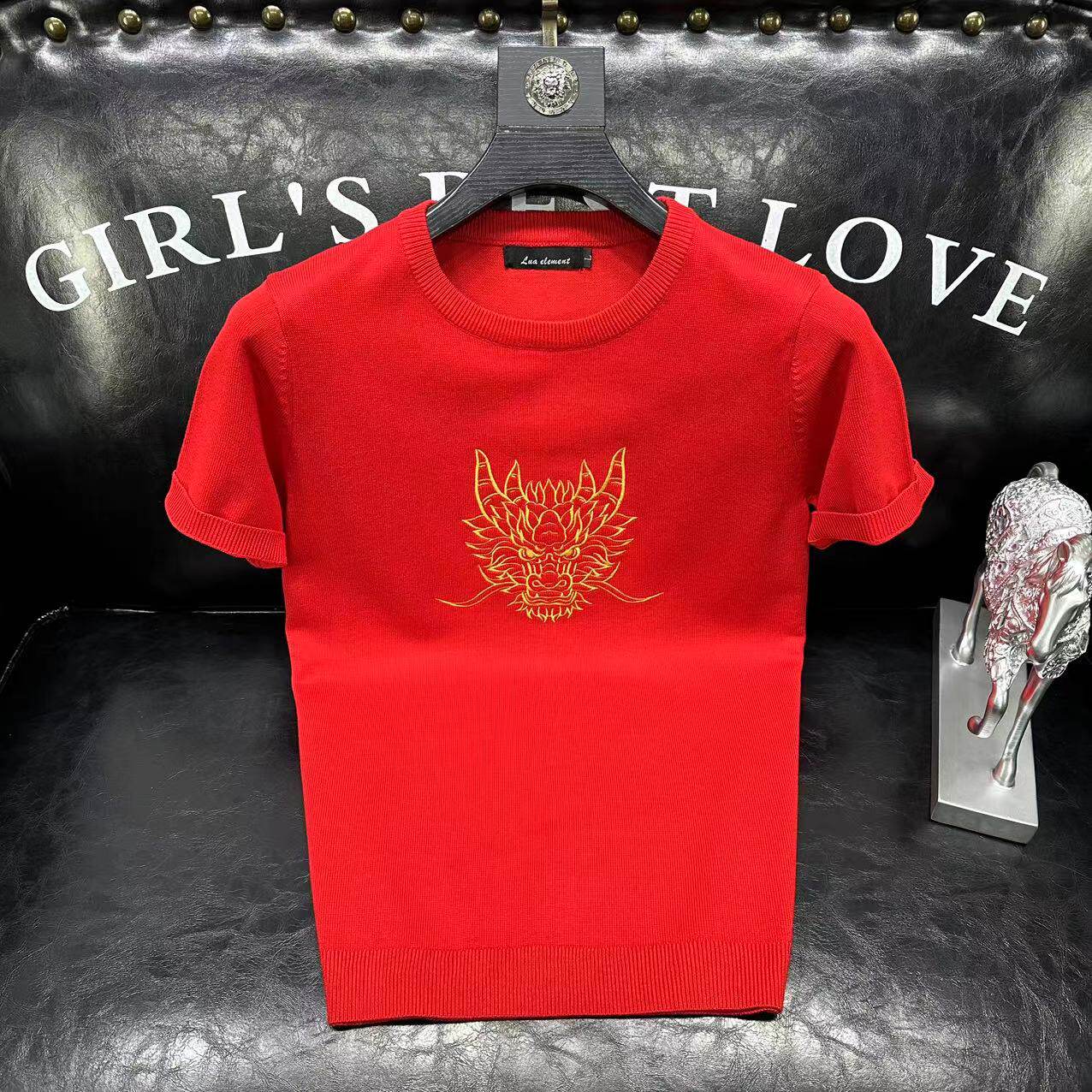 本命年红色针织衫短袖毛衣男2024新款情侣秋冬龙年高级感刺绣半袖