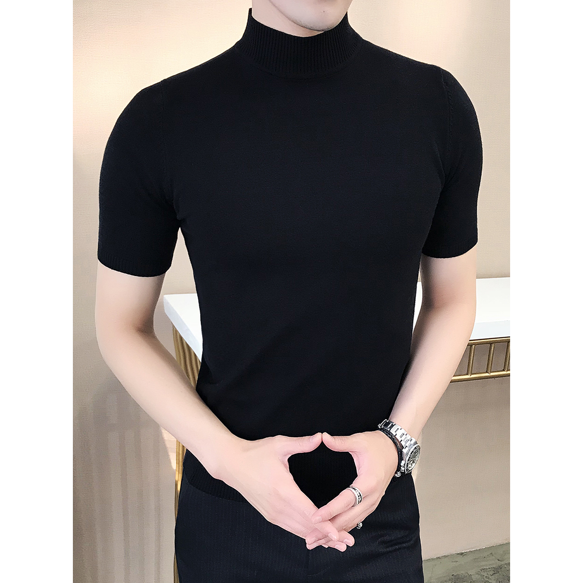 男士毛衣半高领秋冬内搭短袖针织衫男紧身中领纯色线衣修身打底衫