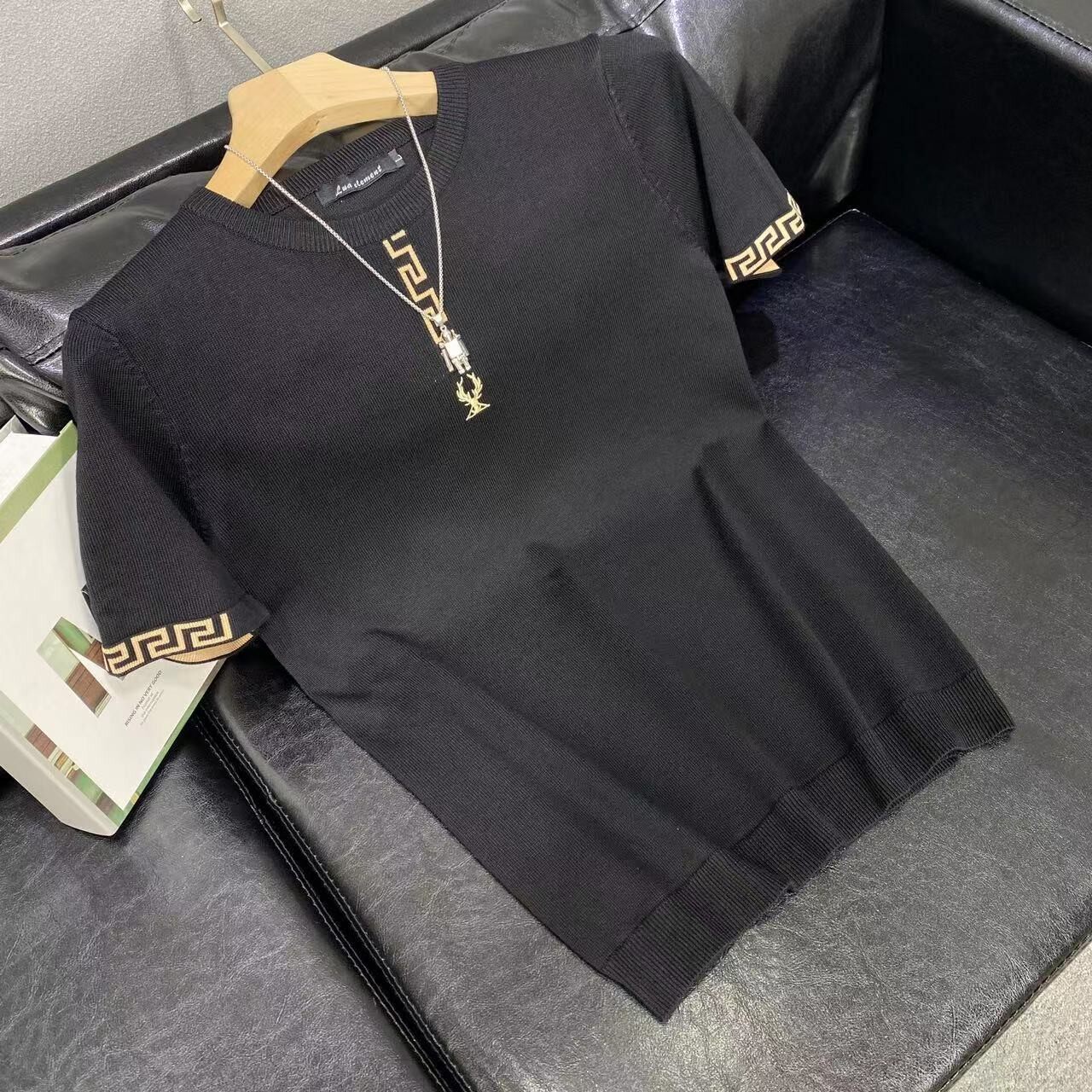 秋冬半袖毛衣男针织衫短袖潮流大码鹿头提花刺绣修身打底衫线上衣