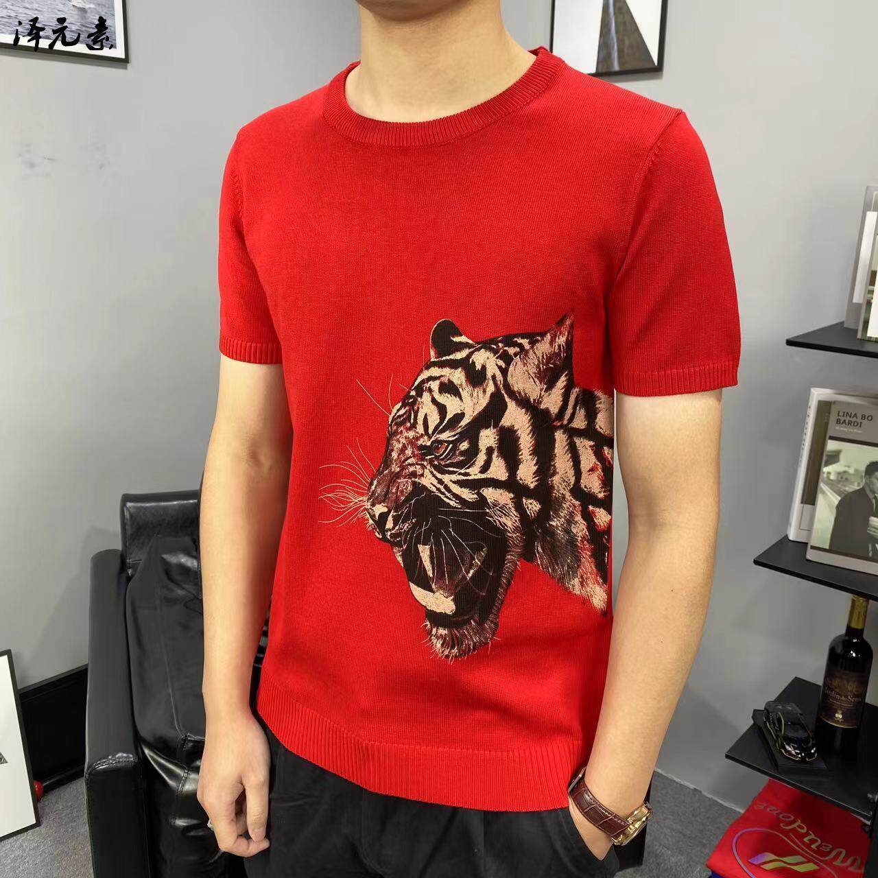 红色本命年短袖毛衣男打底半袖针织衫虎年本命年线衣个性针织t恤