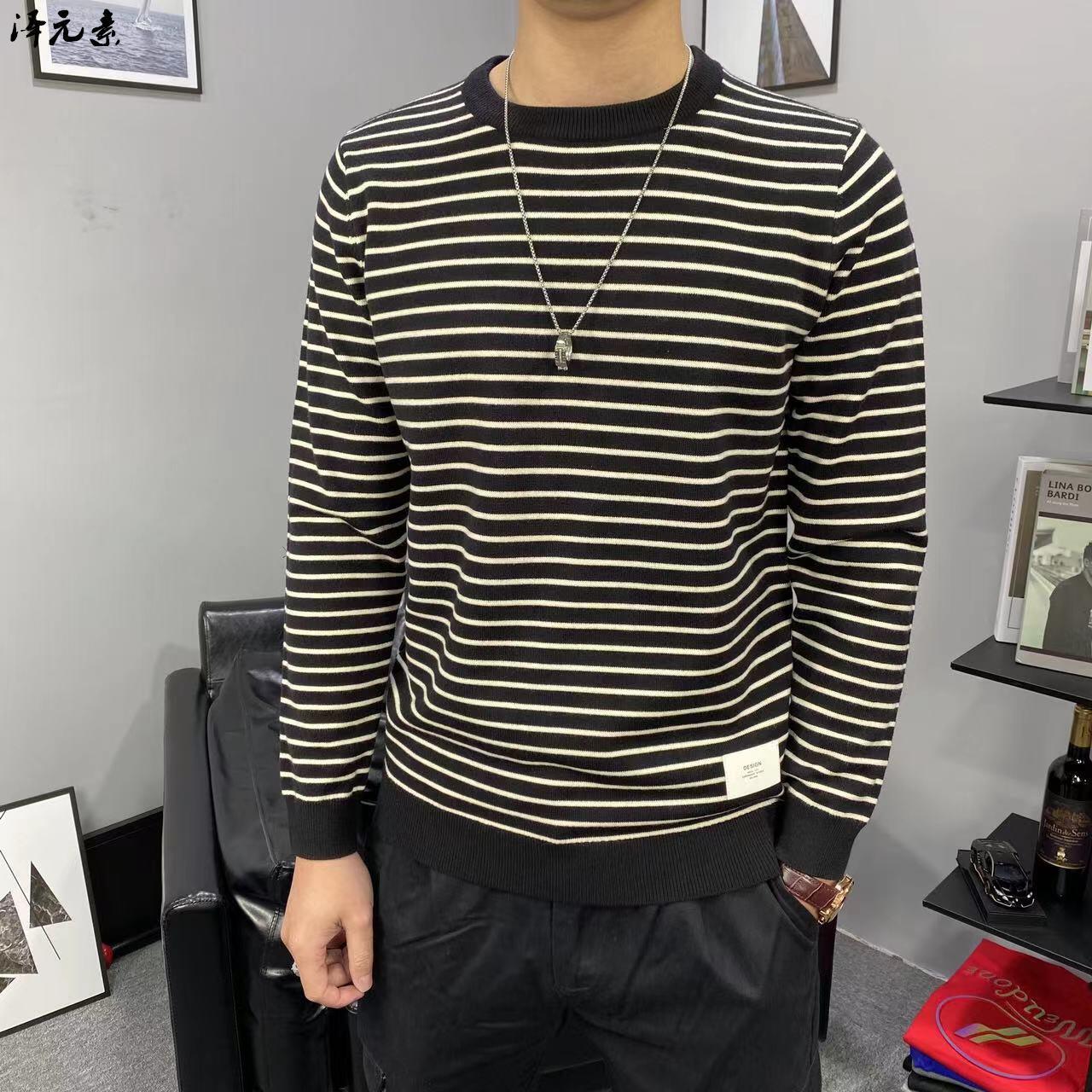 潮牌ins条纹卫衣男休闲百搭修身针织潮流秋季男装日系打底衫上衣