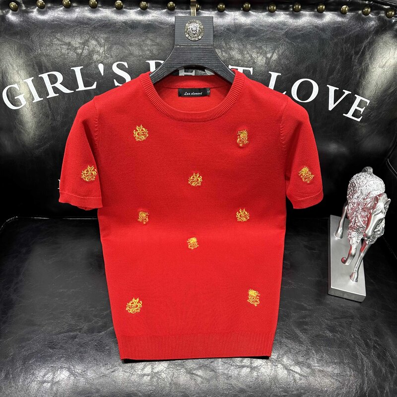 欧洲站短袖针织衫男简约轻奢立体刺绣圆领修身半袖打底红色毛衣