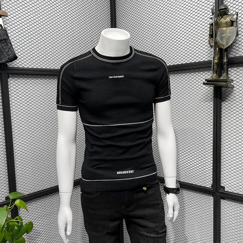 男士短袖毛衣2022新款潮牌修身圆领内搭上衣春秋季字母休闲打底衫