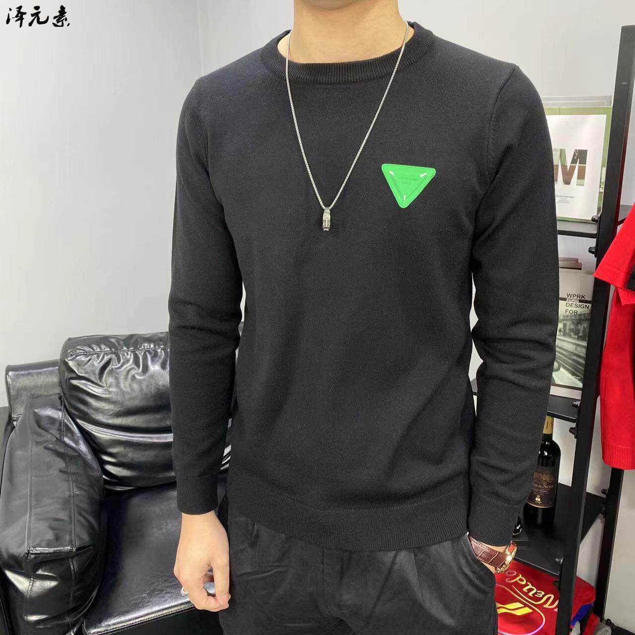 欧美潮牌BV长袖毛衣秋冬绿色三角标LOGO男士修身休闲针织衫卫衣潮