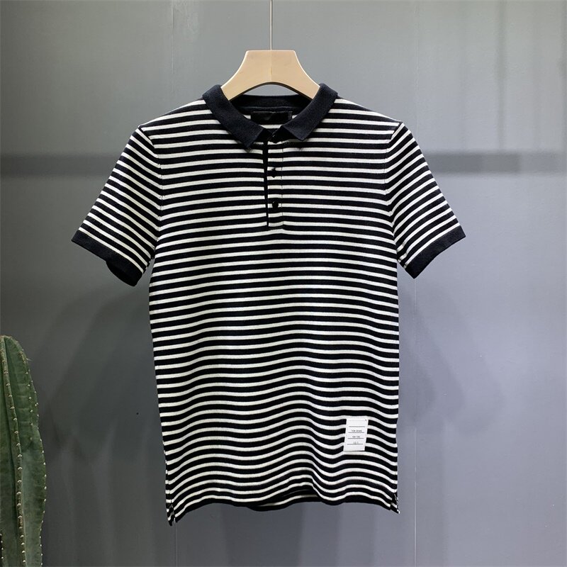 秋冬季男士撞色条纹短袖毛衣内搭半袖针织POLO衫大码百搭打底衫帅