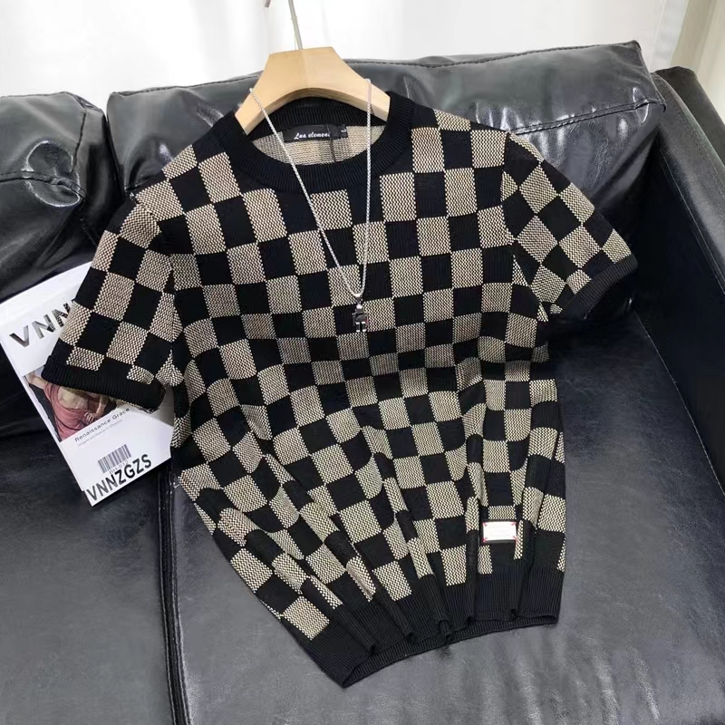 秋冬新品短袖毛衣男百搭针织衫加厚棋盘格圆领修身半截袖上衣2024