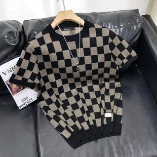 秋冬新品短袖毛衣男百搭针织衫加厚棋盘格圆领修身半截袖上衣2024