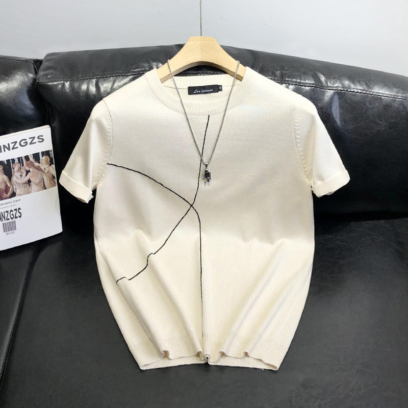 新品夏季圆领针织短袖男t恤半袖毛衣薄款修身透气青年上衣2024年