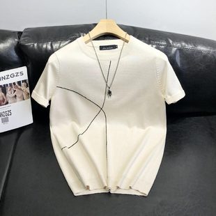 新品夏季圆领针织短袖男t恤半袖毛衣薄款修身透气青年上衣2024年