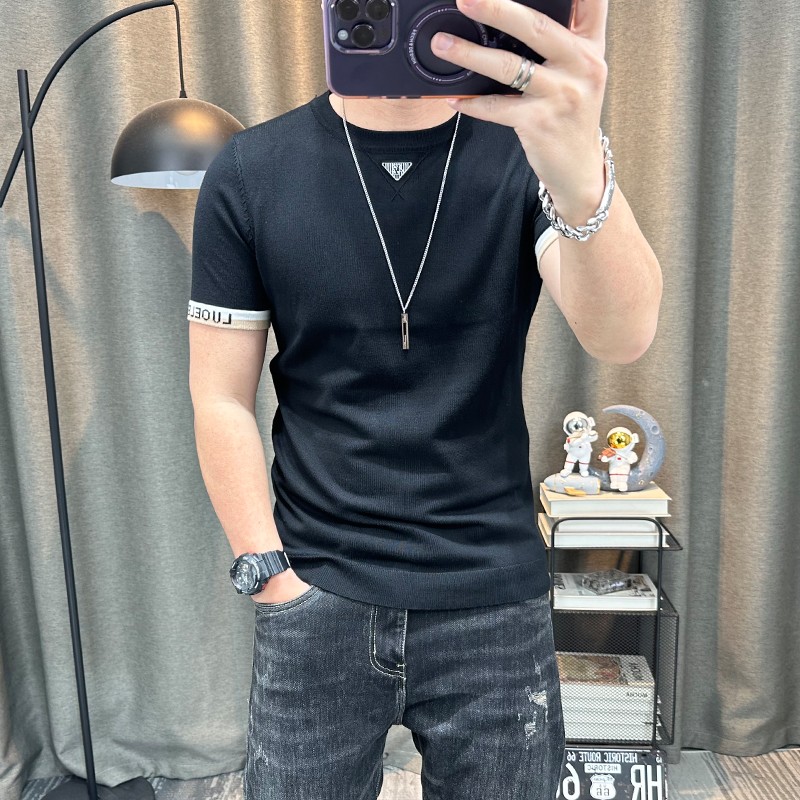 夏季新款针织短袖 男韩版修身休闲打底针织衫男潮上衣简约款T恤男