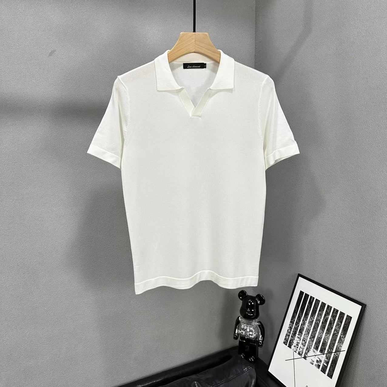 2023夏季极简纯色八字领翻领t恤男短袖英伦时尚针织冰丝polo衫男