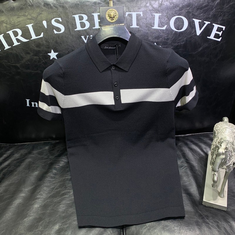 夏季撞色冰丝POLO衫短袖男时尚潮流修身翻领针织半袖T恤百搭