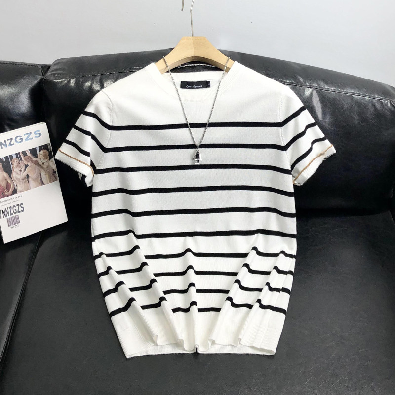 2024年夏季薄款短袖针织衫男条纹t恤修身时尚百搭透气青年半袖潮