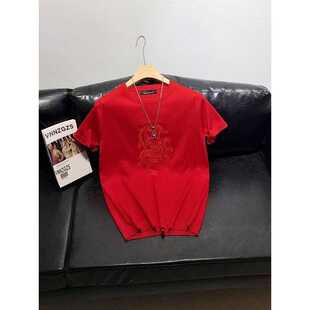 红色针织短袖男毛衣半袖刺绣圆领修身青年套头打底衫新品潮本命年