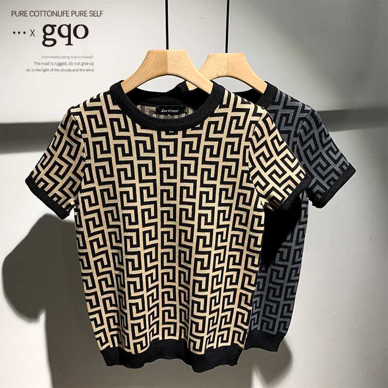 GQ感时尚条纹短袖针织衫男士潮牌休闲修身秋季新款毛衣