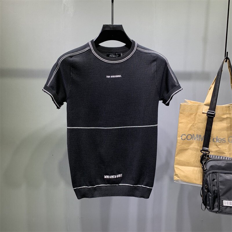 撞色线条装饰短袖毛衣字母绣花男士秋冬半截袖大码半袖黑色针织衫