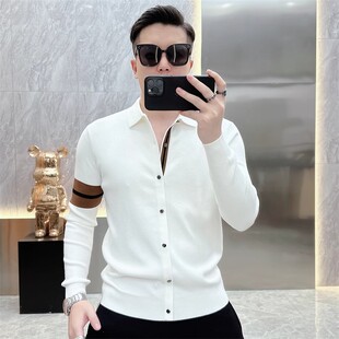 2024秋冬新款简约百搭翻领条纹针织衫青年时尚长袖毛衣打底衫男潮