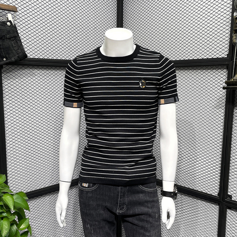2022年新款短袖毛衣打底衫春季韩版潮流修身帅气男士条纹针织