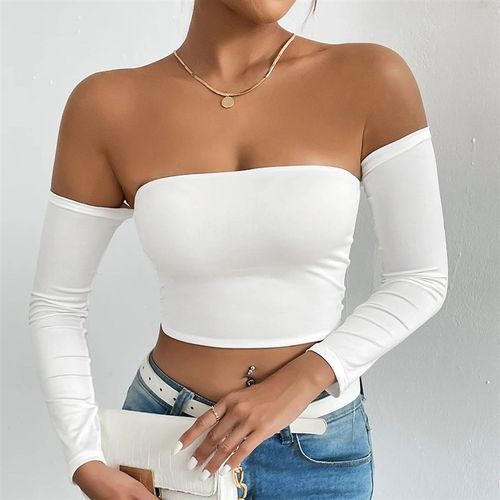 Off Shoulder Crop T-Shirt, Casual Long Sleeve Top For Spring