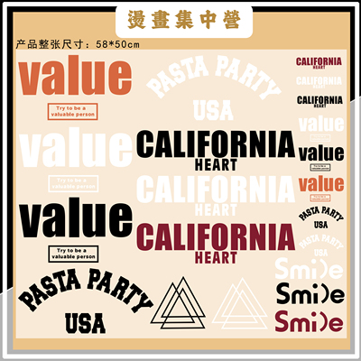 烫画集中营 潮牌英文字母Value图案热转印整版白墨烫画（冷撕）